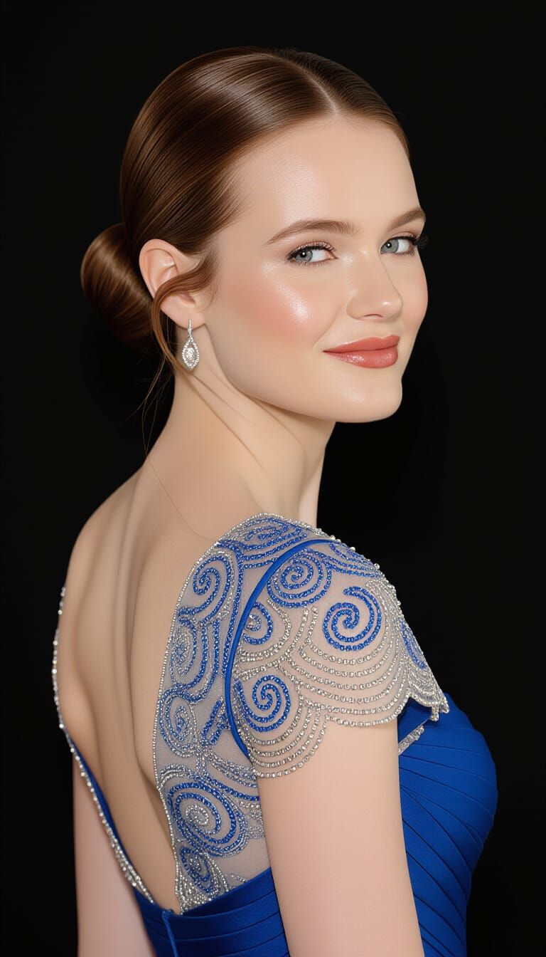 Elegant Woman in Blue Dress with Silver Beading