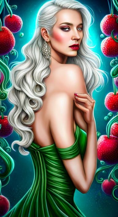 Hyperrealistic Beauty in Green Gown with Cherries