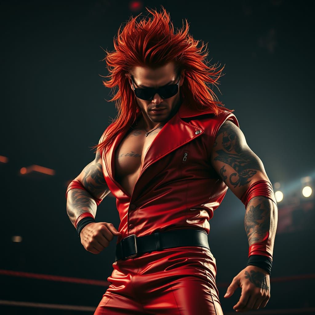 Muscular Wrestler in Red Leather Jacket and Sunglasses