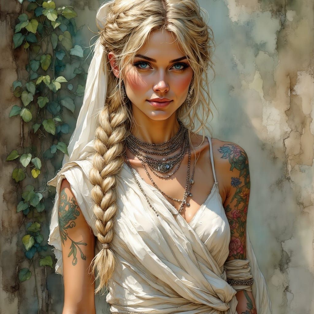 Tattooed Blonde Athlete in Roman Toga