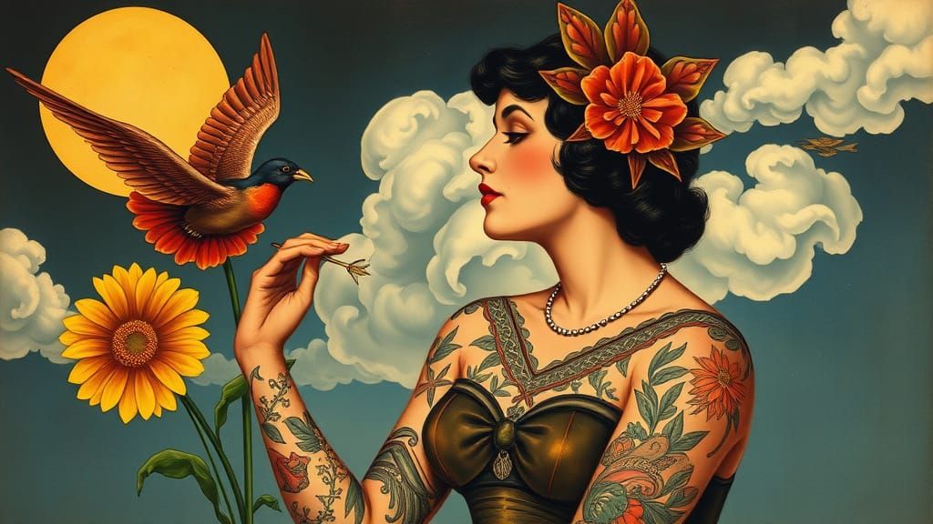 1930s-Era Circus Sideshow Tattooed Lady in Vintage Dress