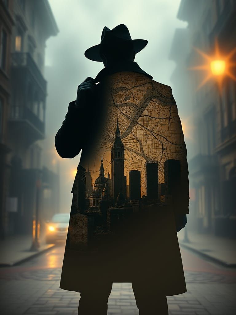 Victorian Investigator Silhouette with City Map Double Expos...