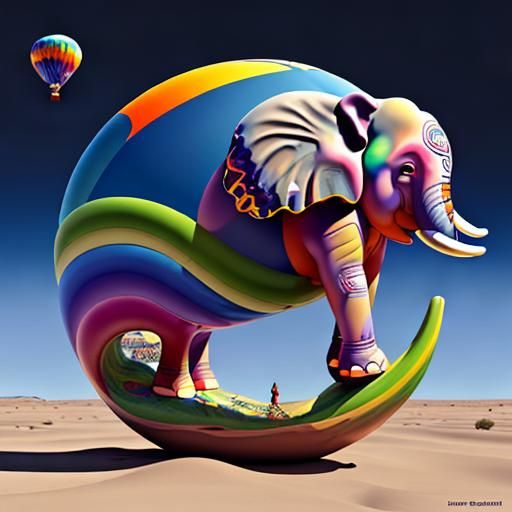 Elephant Balloon in Prairie Moonscape, Neo-Primitivism Style