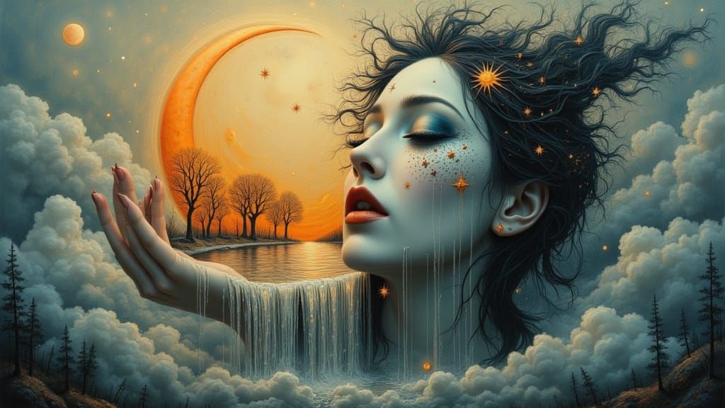 Manhwa Goddess Holding Landscape in Double Exposure