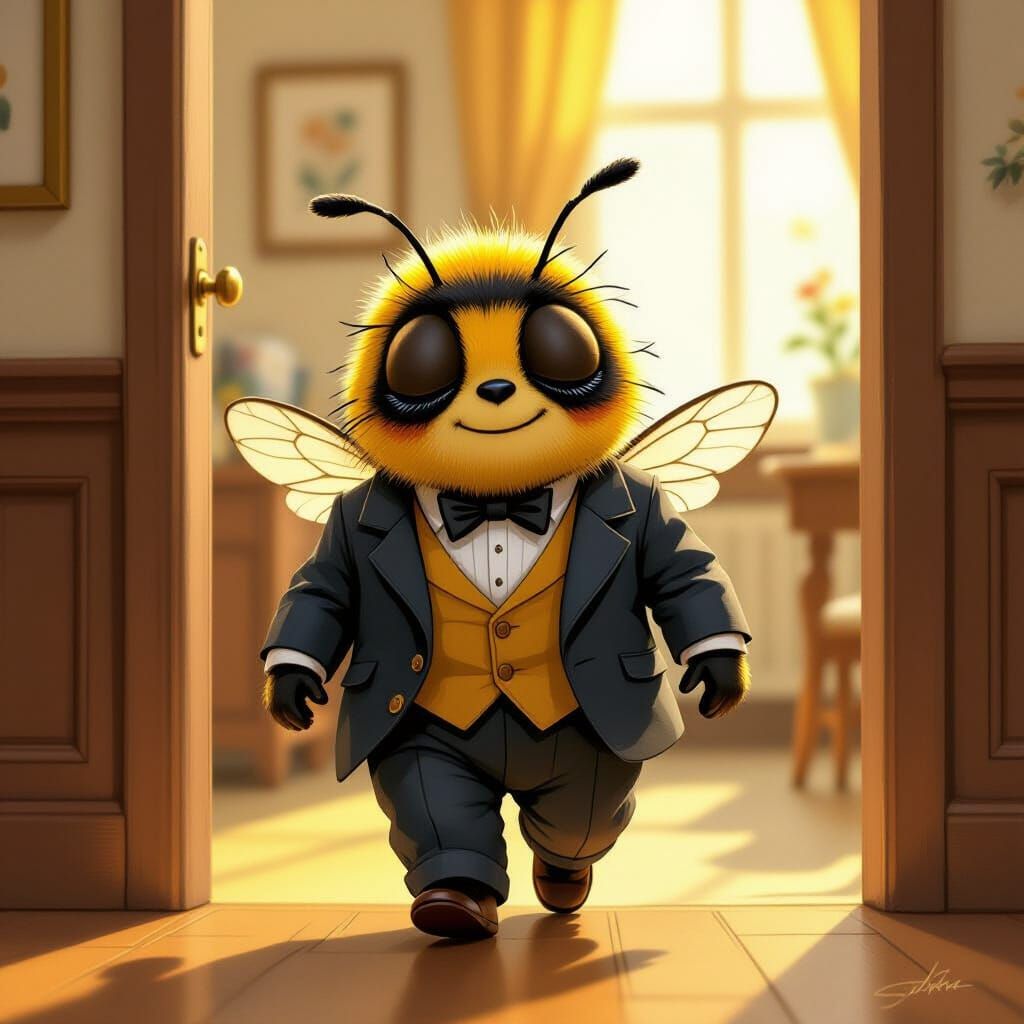 Sleepy Bumblebee Walks into Office in Whimsical Style