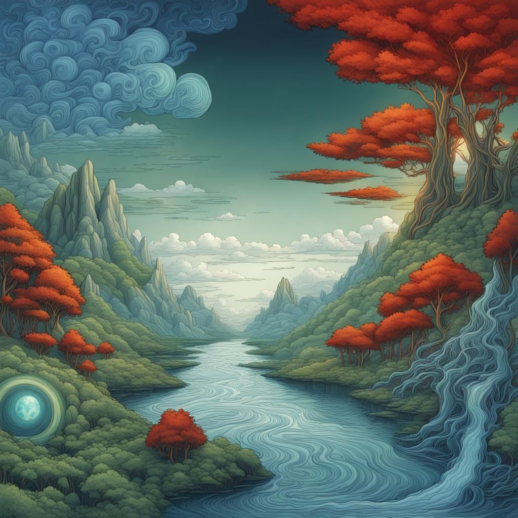 Elemental Connections in Fantasy Landscape Line Art