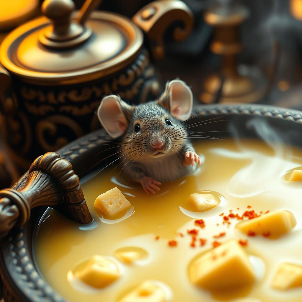 Surreal Mouse Dives in Rich Cheese Fondue with Ornate Utensi...