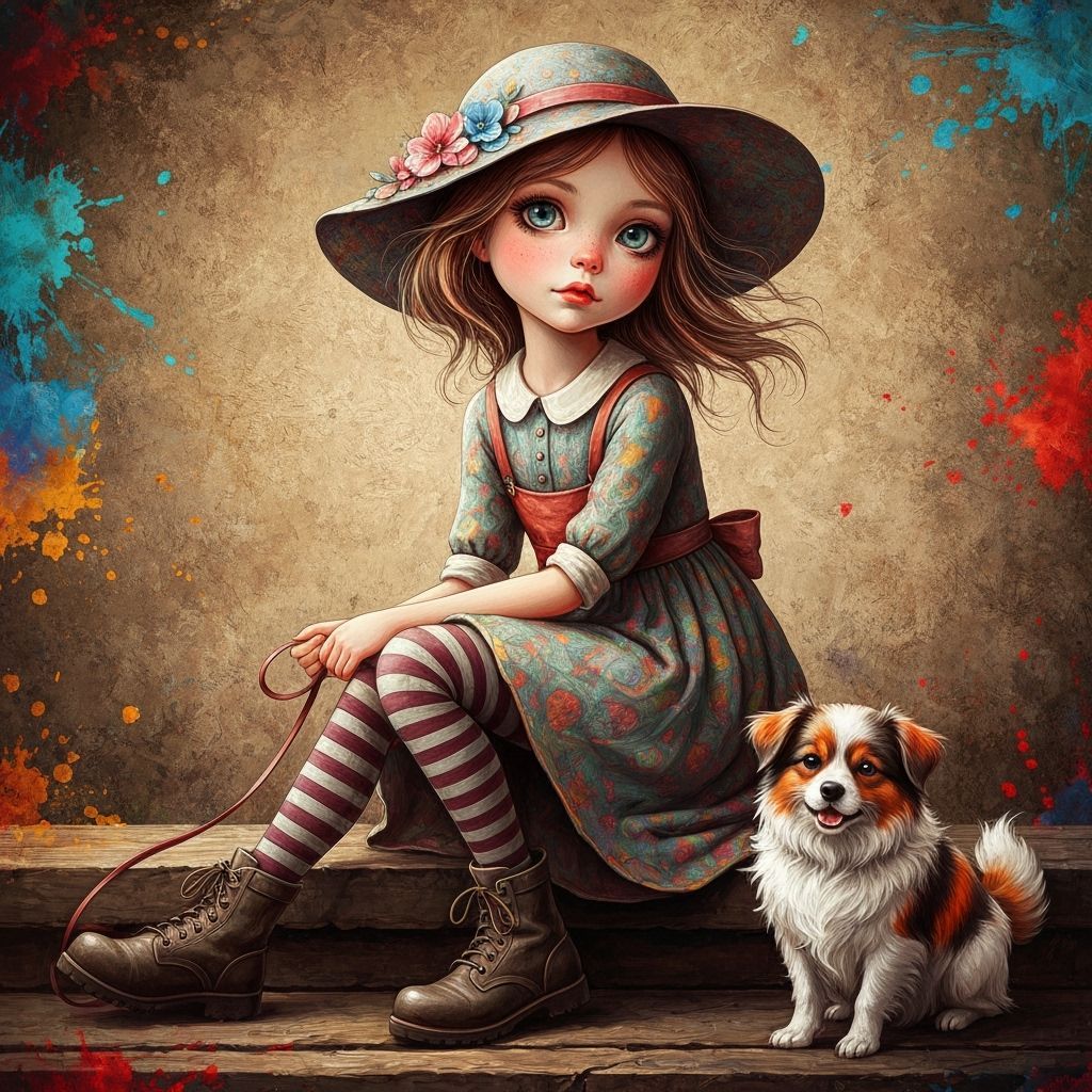 Whimsical Girl with Dog in Dreamlike Oil Painting