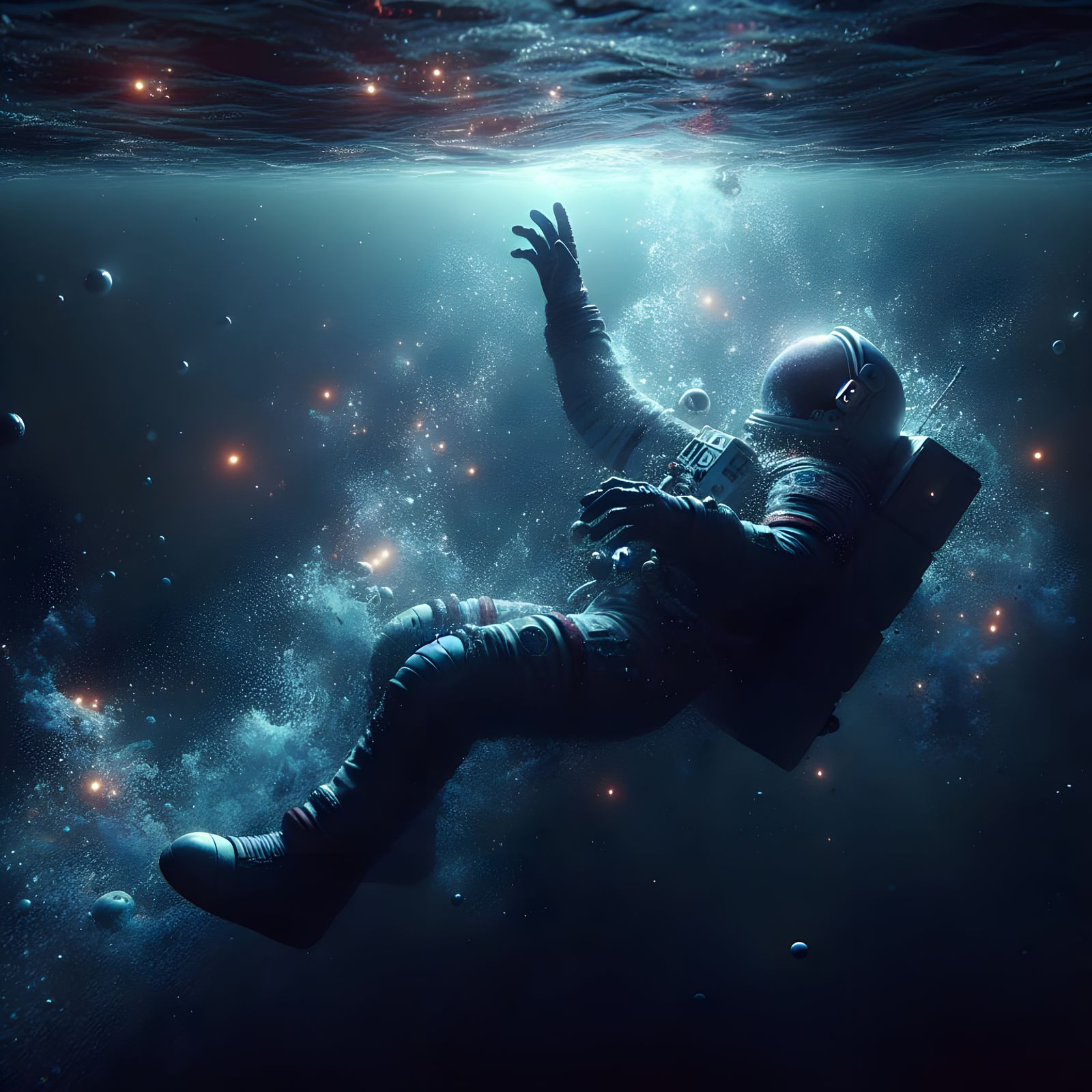 Astronaut Suspended Amidst Celestial Water