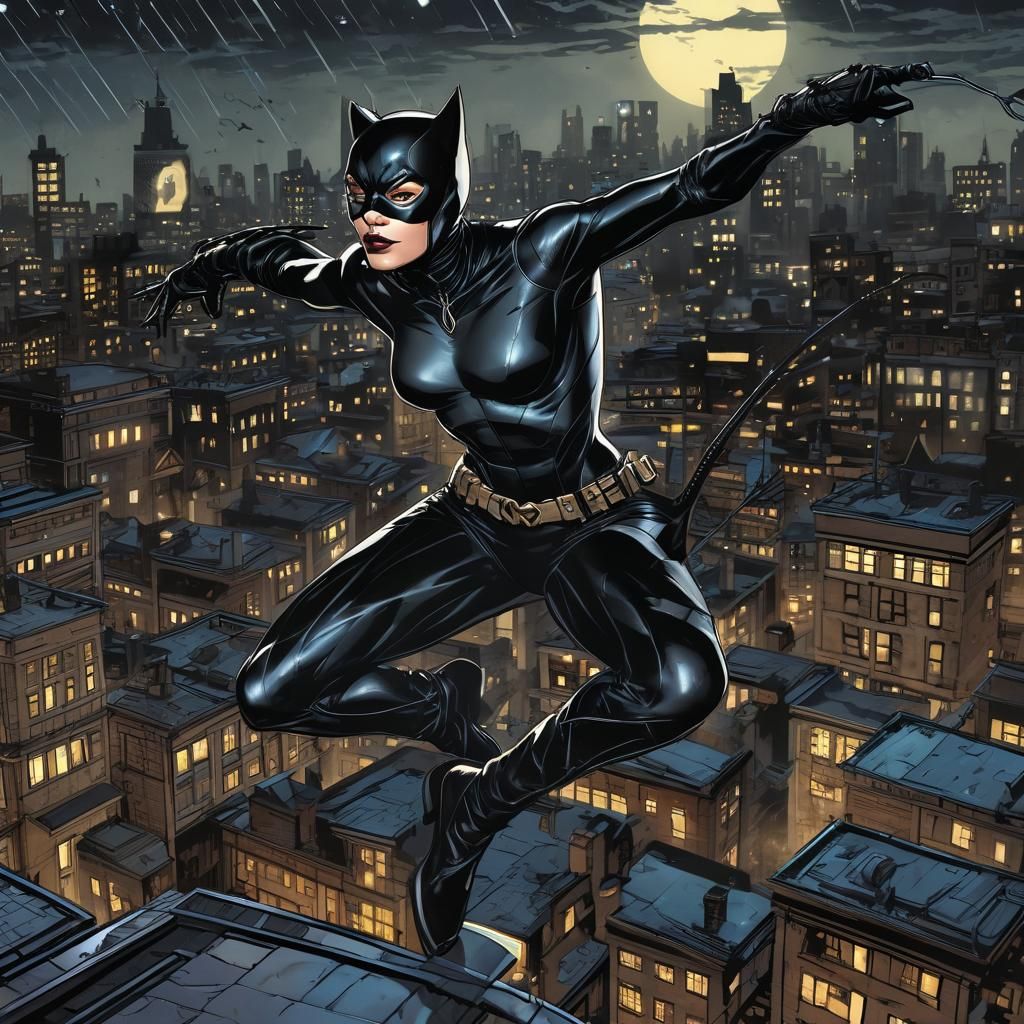 Catwoman Scales Gotham in Dynamic Comic Book Style