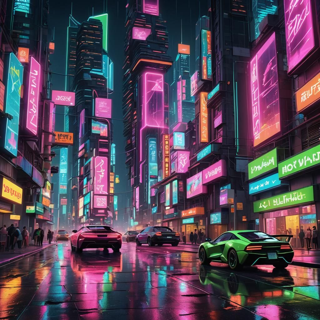 Vibrant Neon Cityscape in Digital Art Style