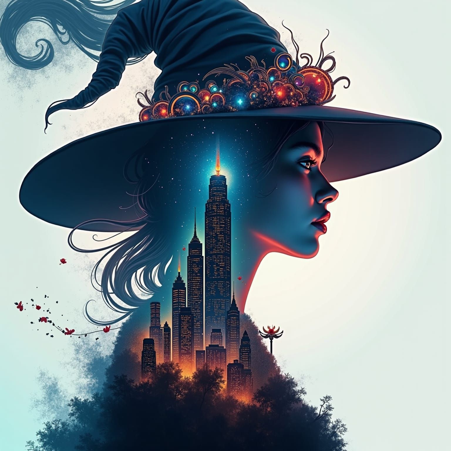 Mystical Woman in Witch Hat Against Electric Cityscape