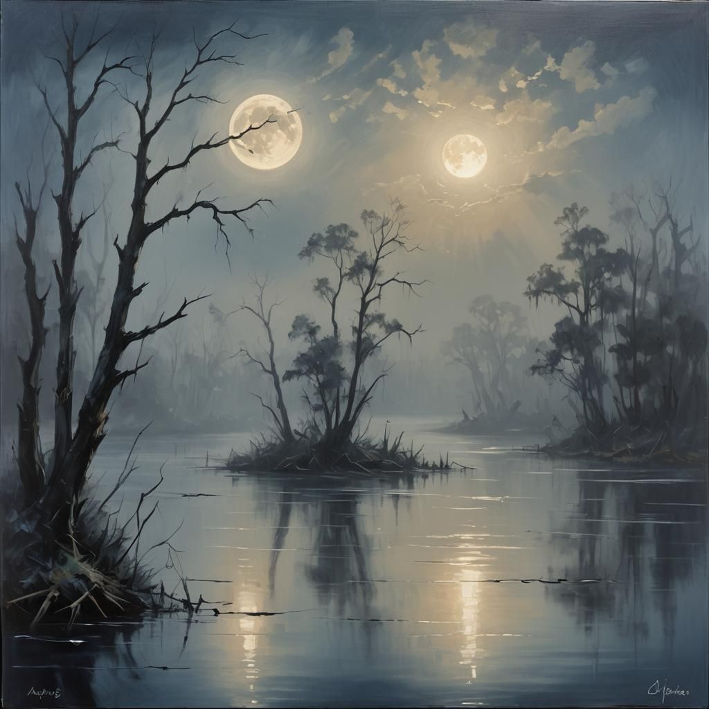 Ethereal Moonlit Bayou in Oil Painting Style