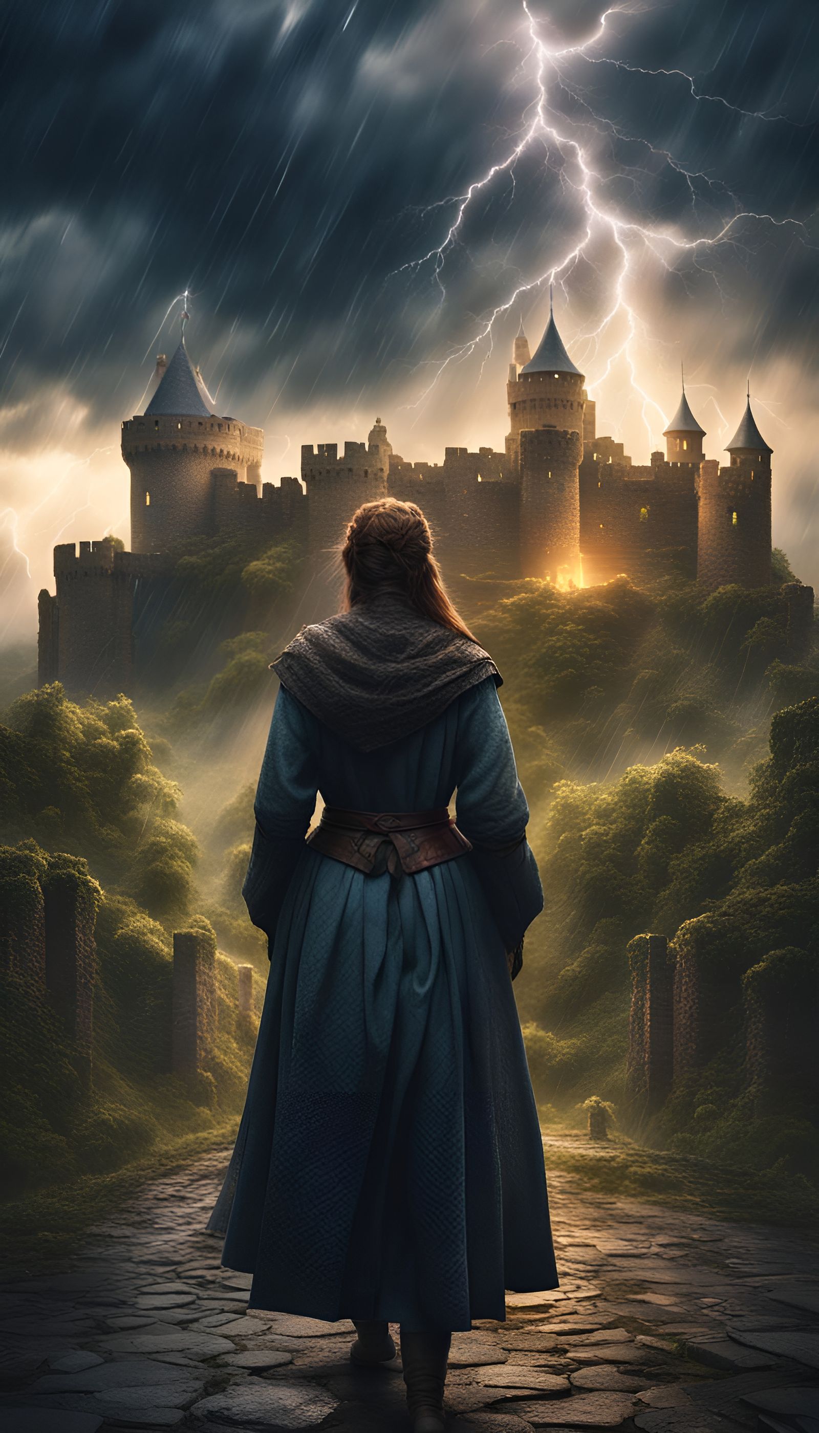 Medieval Peasant Woman in Lightning Storm