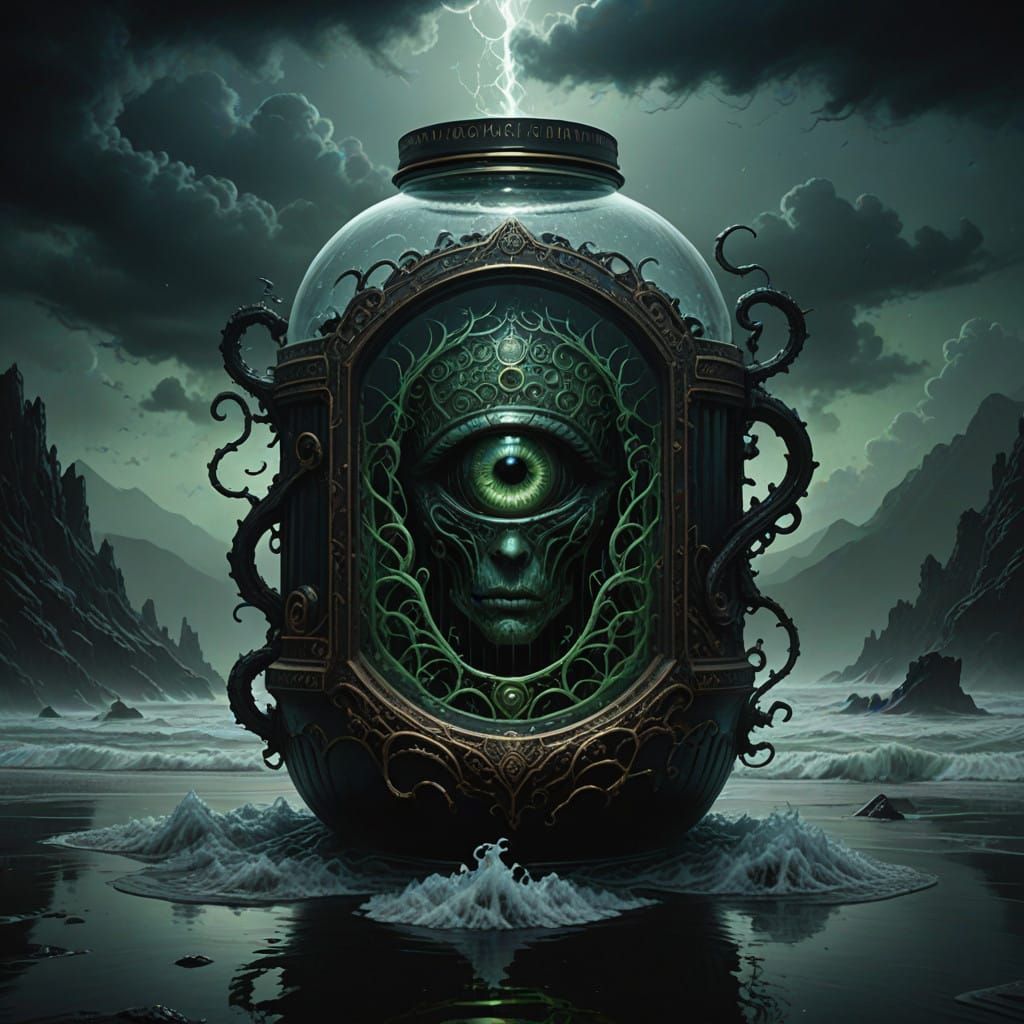 Hyper-Realistic Glass Container in Dark Fantasy Sea