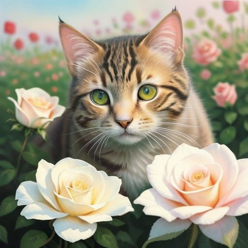 Cat Sniffs Rose in Watercolor Flower Field