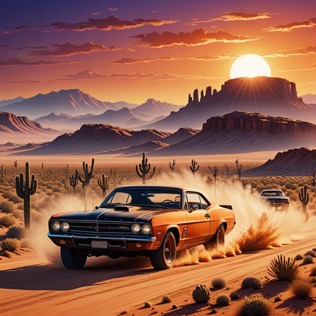 Classic Muscle Cars Race Through Desert Sunset
