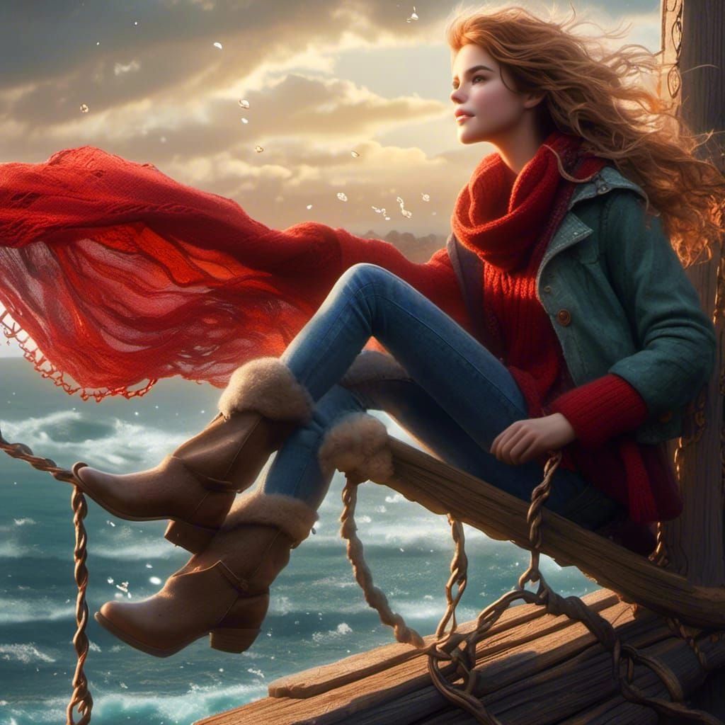 Woman on Swing Overlooking Sea: Detailed Matte Painting