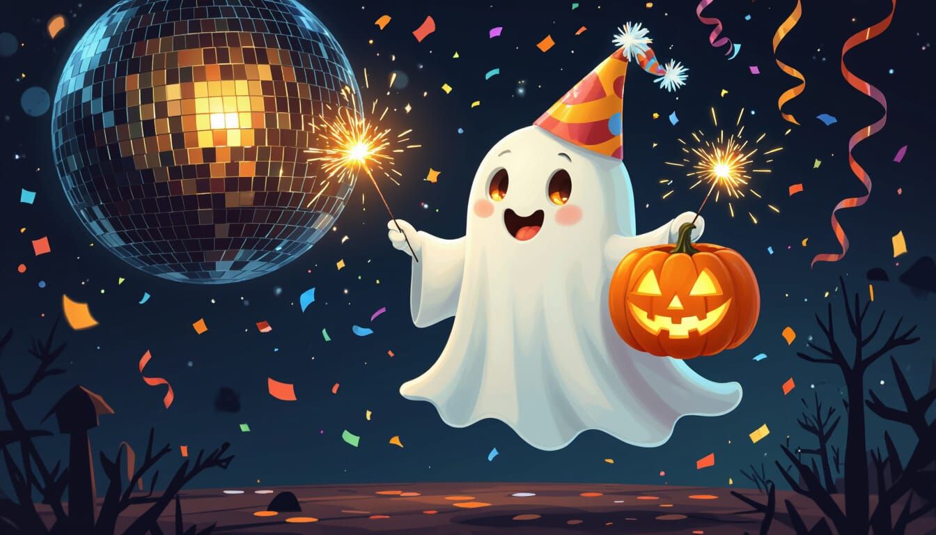 Whimsical Ghost Celebrates Halloween with Jack-o'-Lantern an...