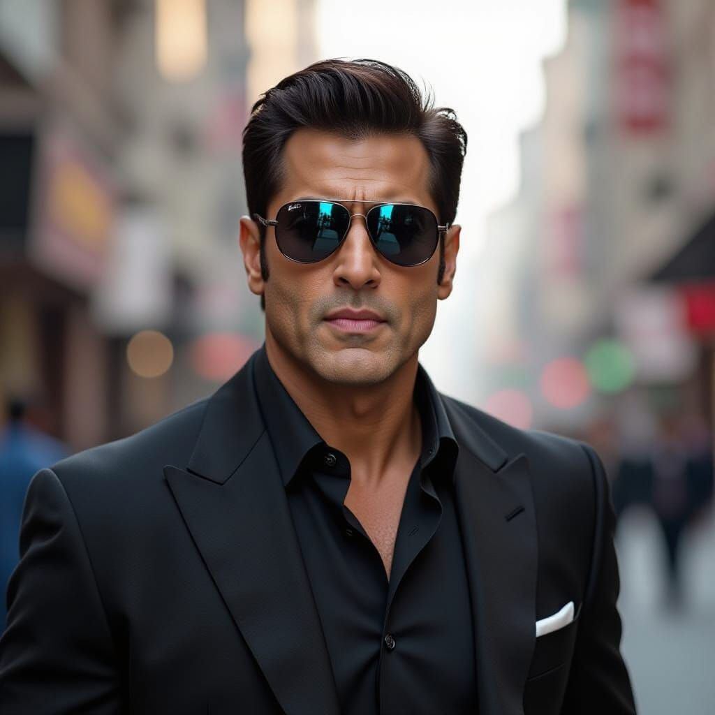 Confident Man in Black Suit in City Street Portrait