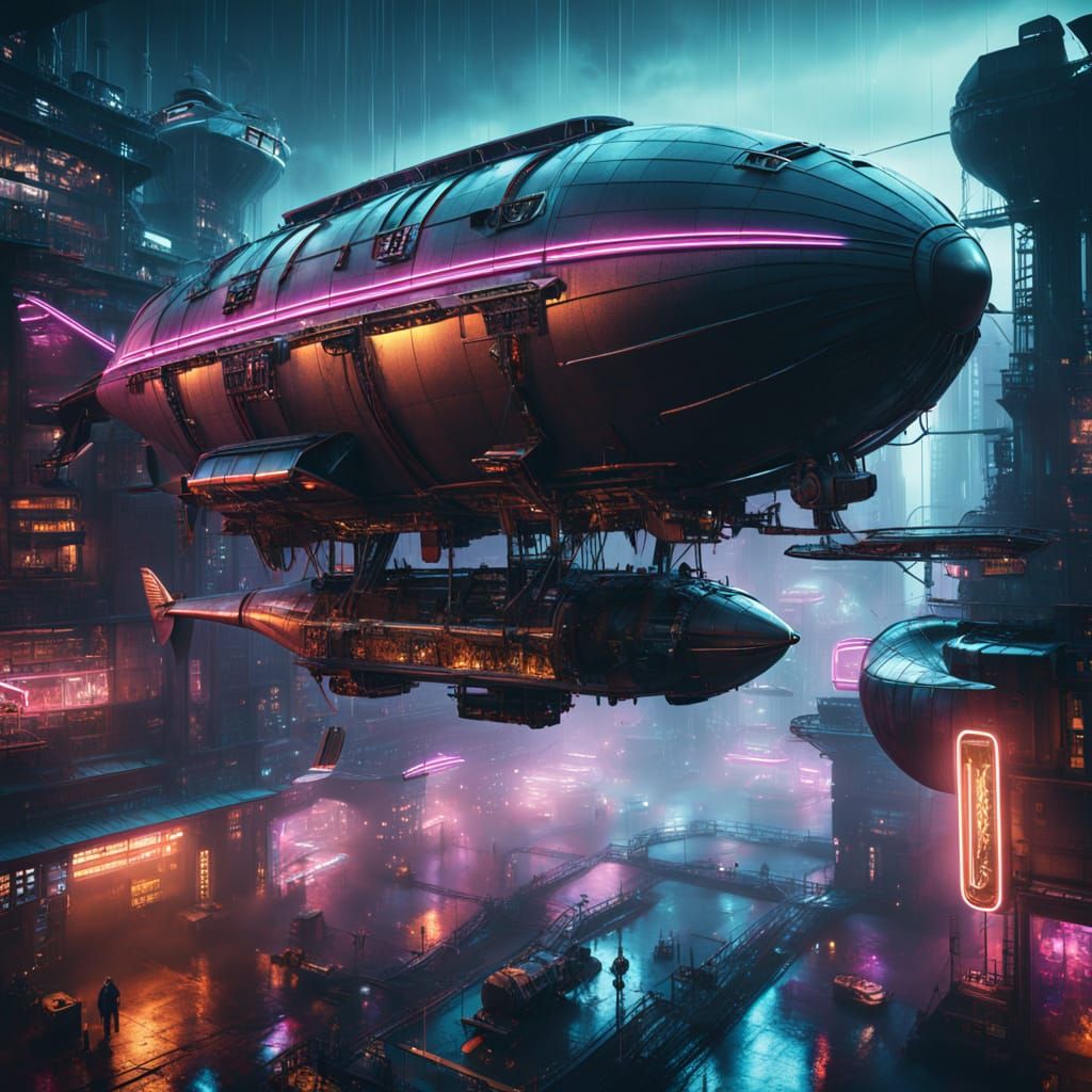 Cyberpunk Airship Soars Through a Dystopian Cityscape in Neo...