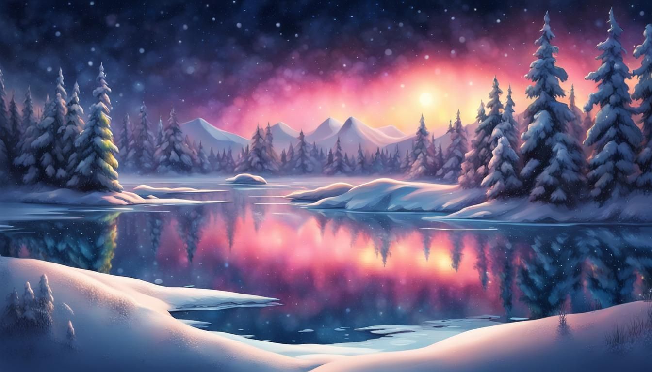 Hyperrealistic Northern Lights Reflecting on Snowy Lake