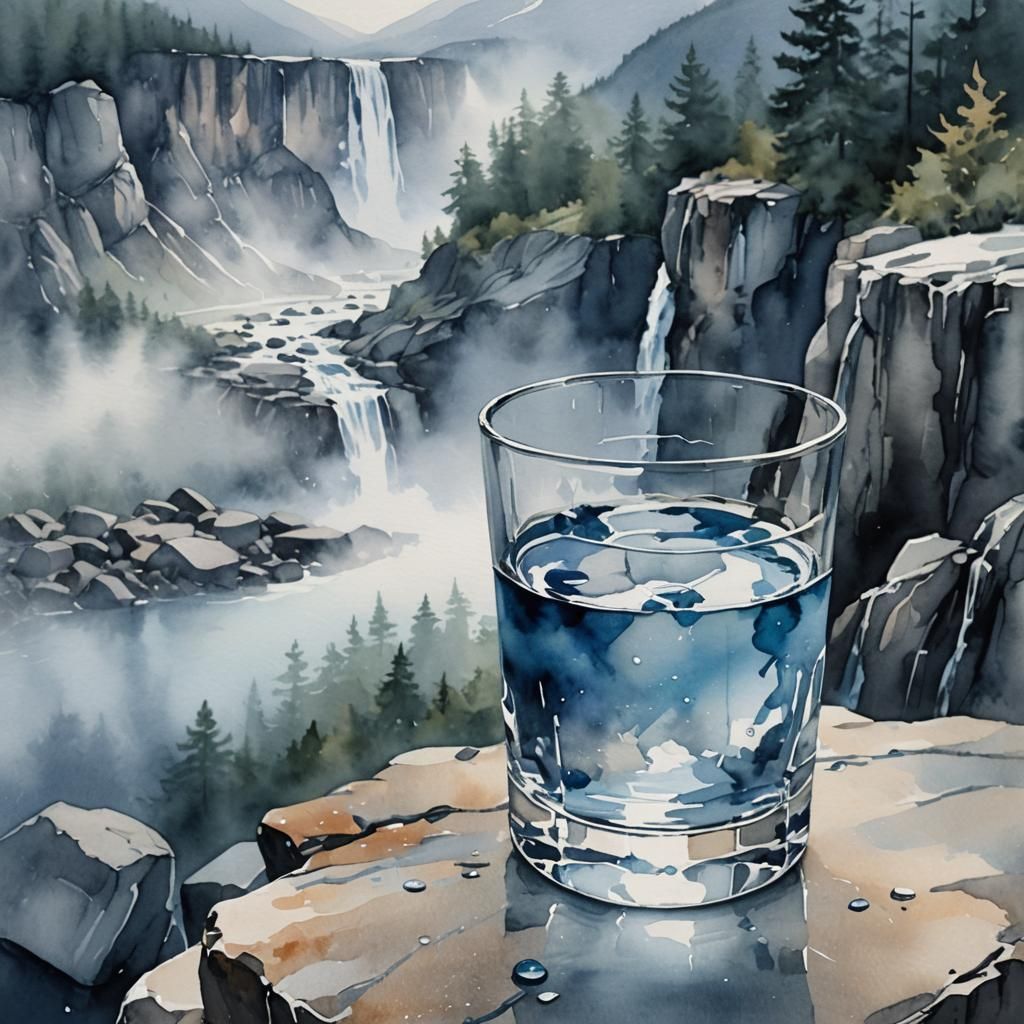 Dreamy Watercolor of Whiskey Glass Amidst Misty Mountains