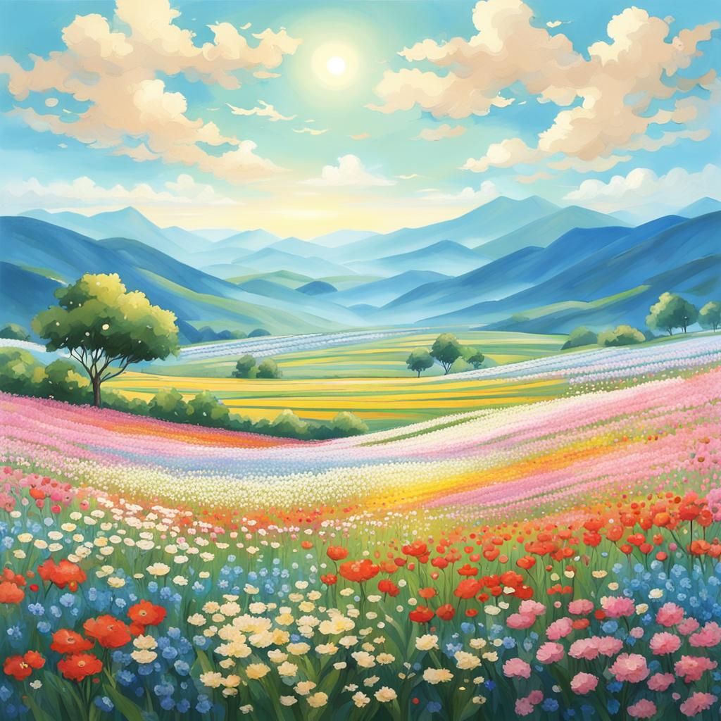 Endless Flower Fields Under a Clear Blue Sky