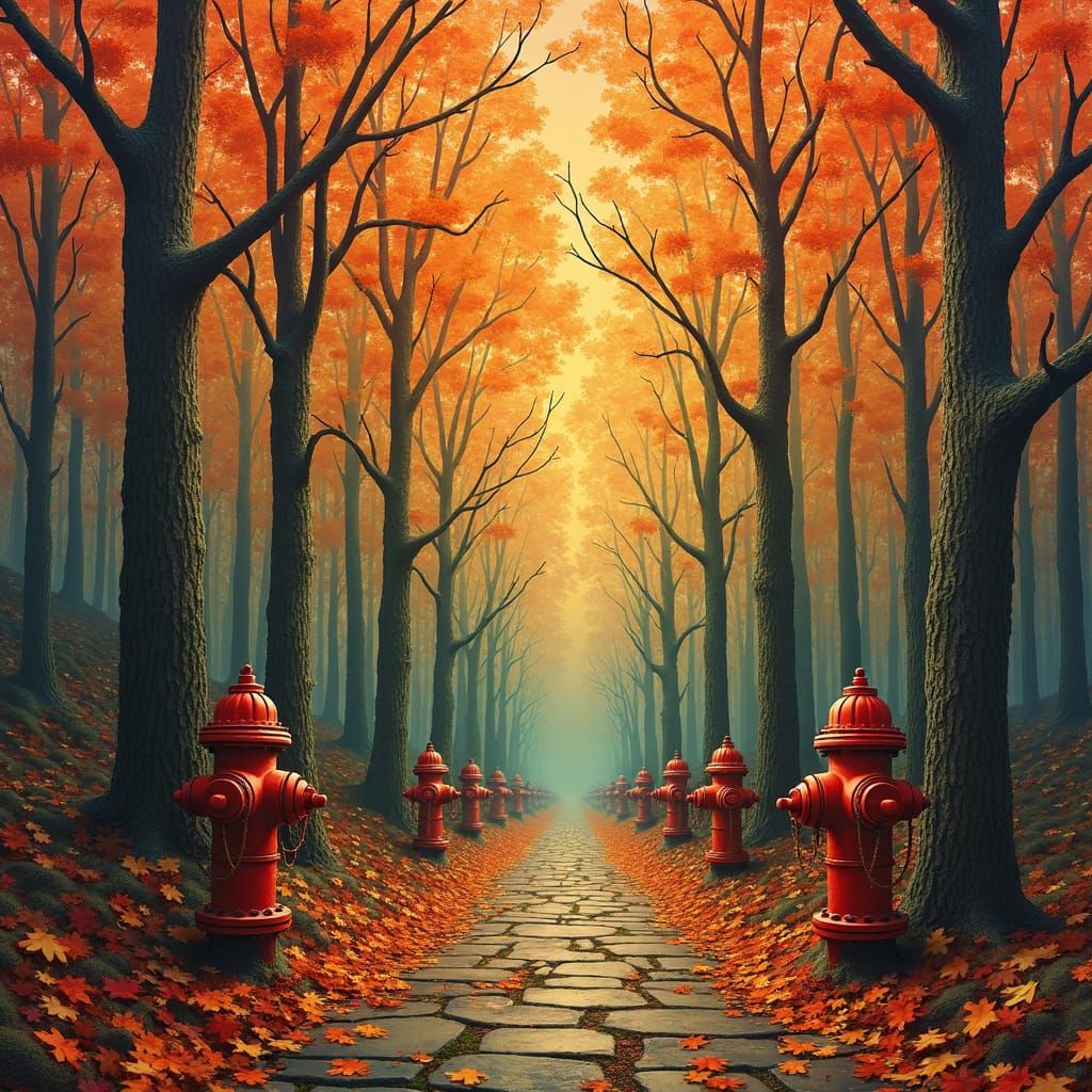 Fire Hydrant Forest in Autumnal Impressionist Style