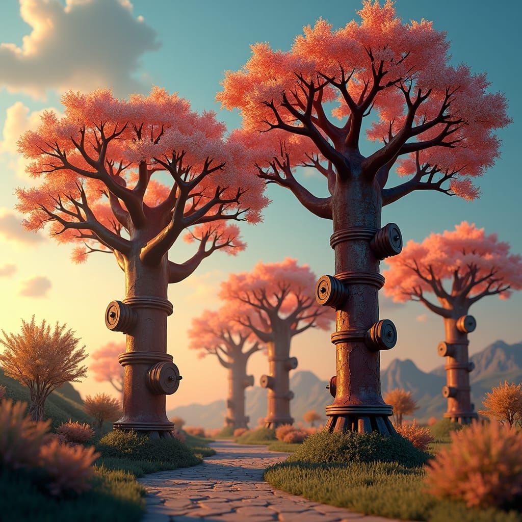 Whimsical Fire Hydrant Forest with Glowing Leaves