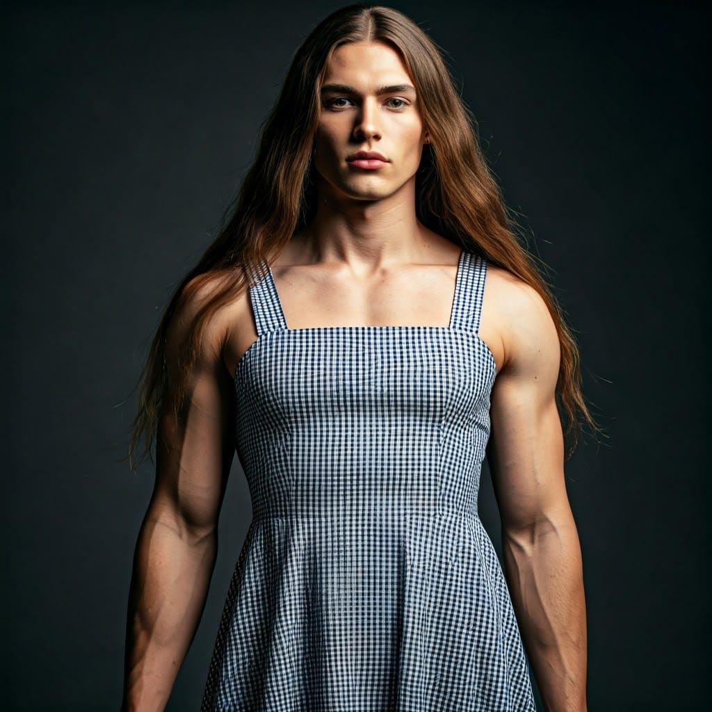 Androgynous Figure in Gingham Dress Poses Confidently