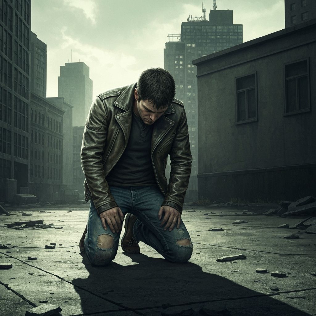 Man Kneeling in Bleak Urban Landscape