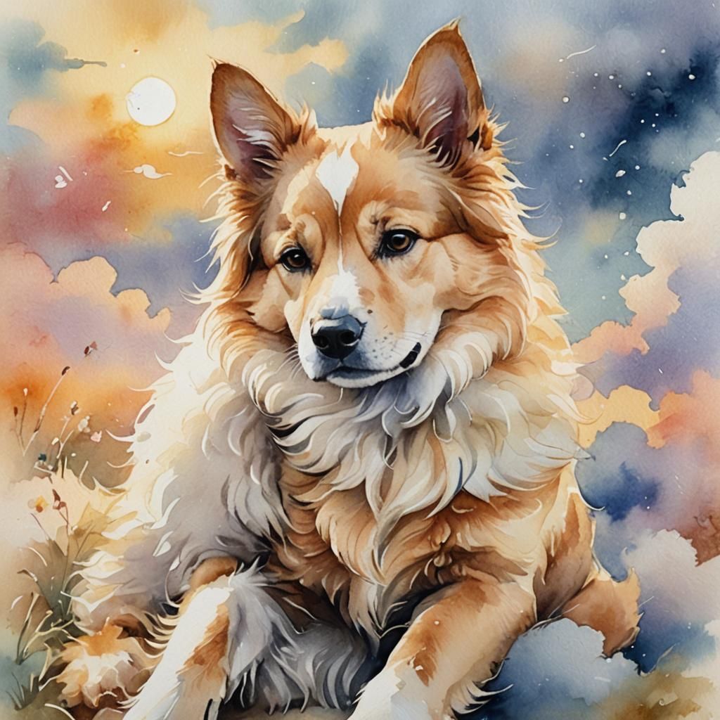 Cute Dog and Cat Snuggling in Watercolor