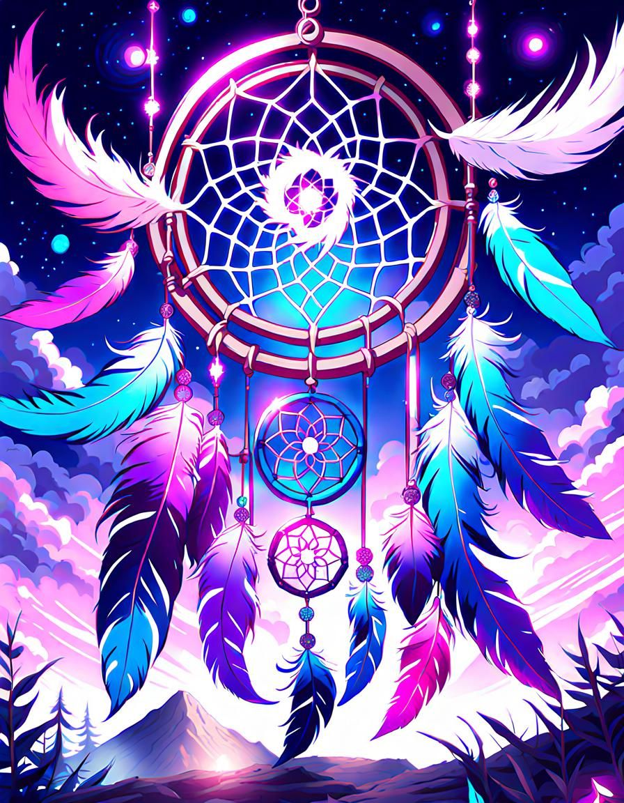 Dreamcatcher with Glowing Feathers in Anime Style