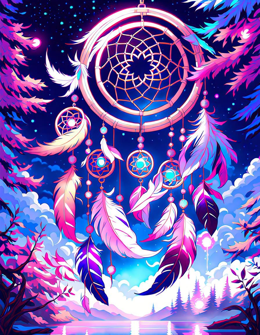 Dreamcatcher with Sparkling Feathers in Anime Style