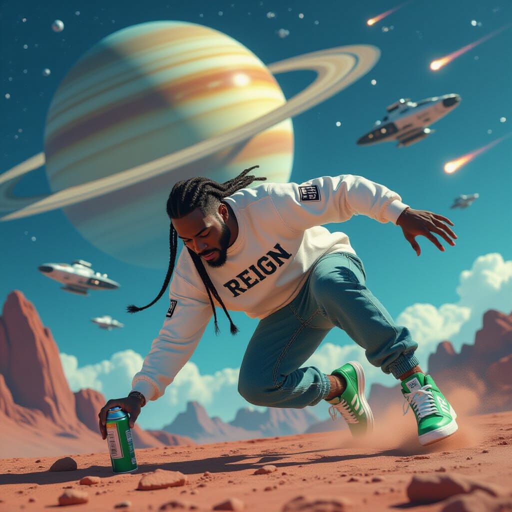 Astronaut Diver for Spray Paint Among Saturn and Spaceships