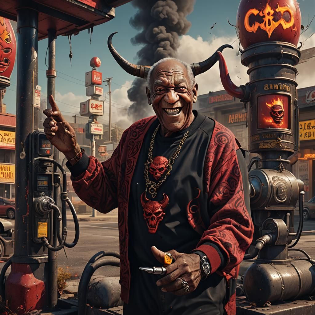 Satanic Bill Cosby pumping gas
