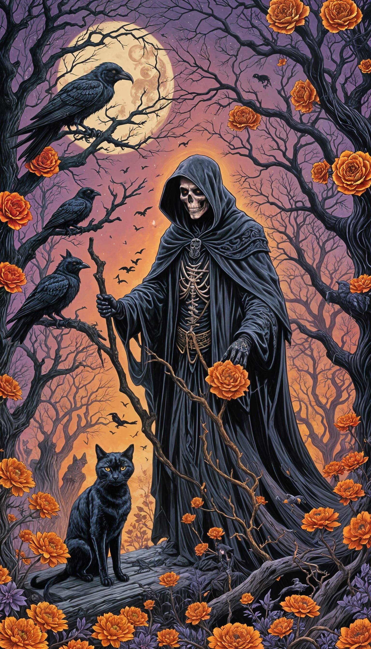 Grim Reaper Guides Soul in Dark Fairytale Illustration