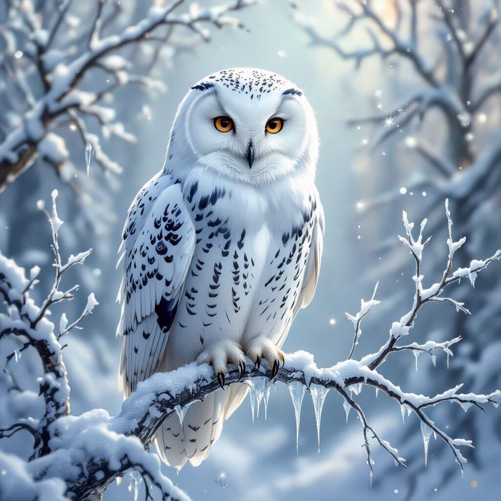 Ethereal Snow Owl in Winter Forest, Fantasy Art