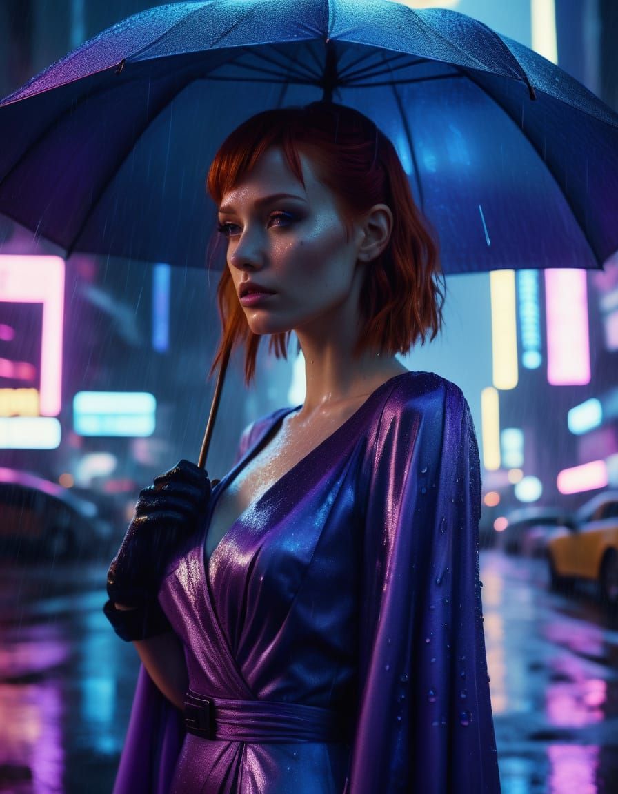 Cyberpunk Redhead Princess in Neon Cityscape