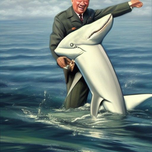 Eisenhower Rides a Shark: Oil Painting