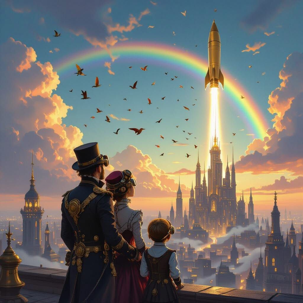 Steampunk Family Watches Golden Rocket Ascend Over Futuristi...
