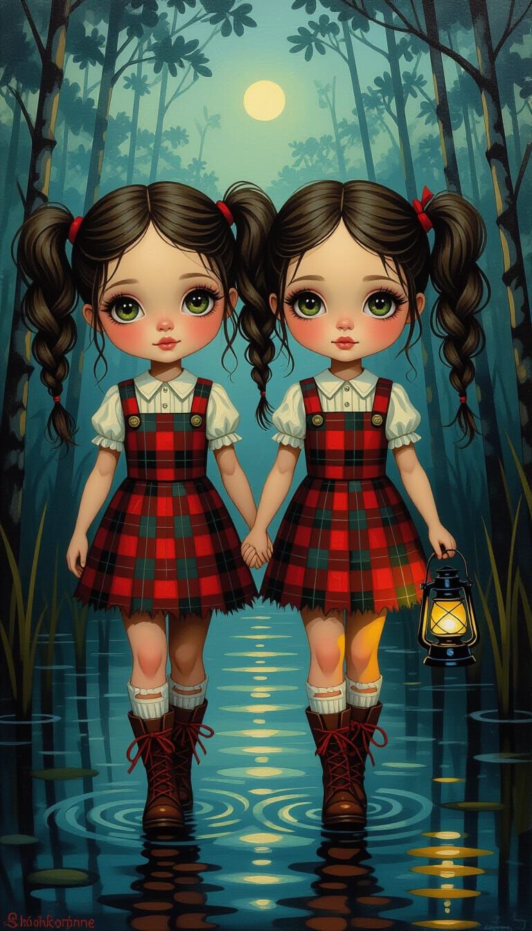 Whimsical Lantern Dolls in Mangroves: Impasto Oil Painting