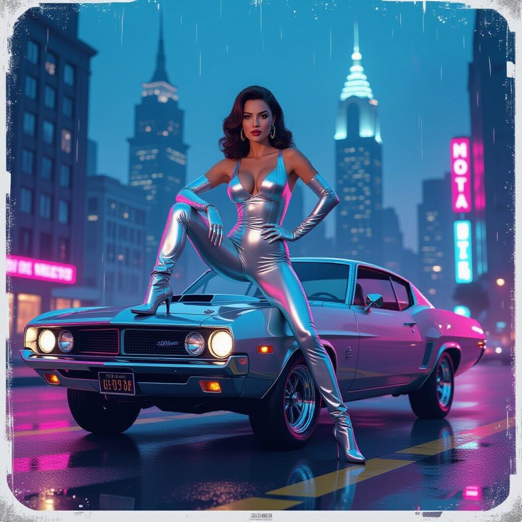 Retro-Futuristic Pin-Up on Hovering Muscle Car