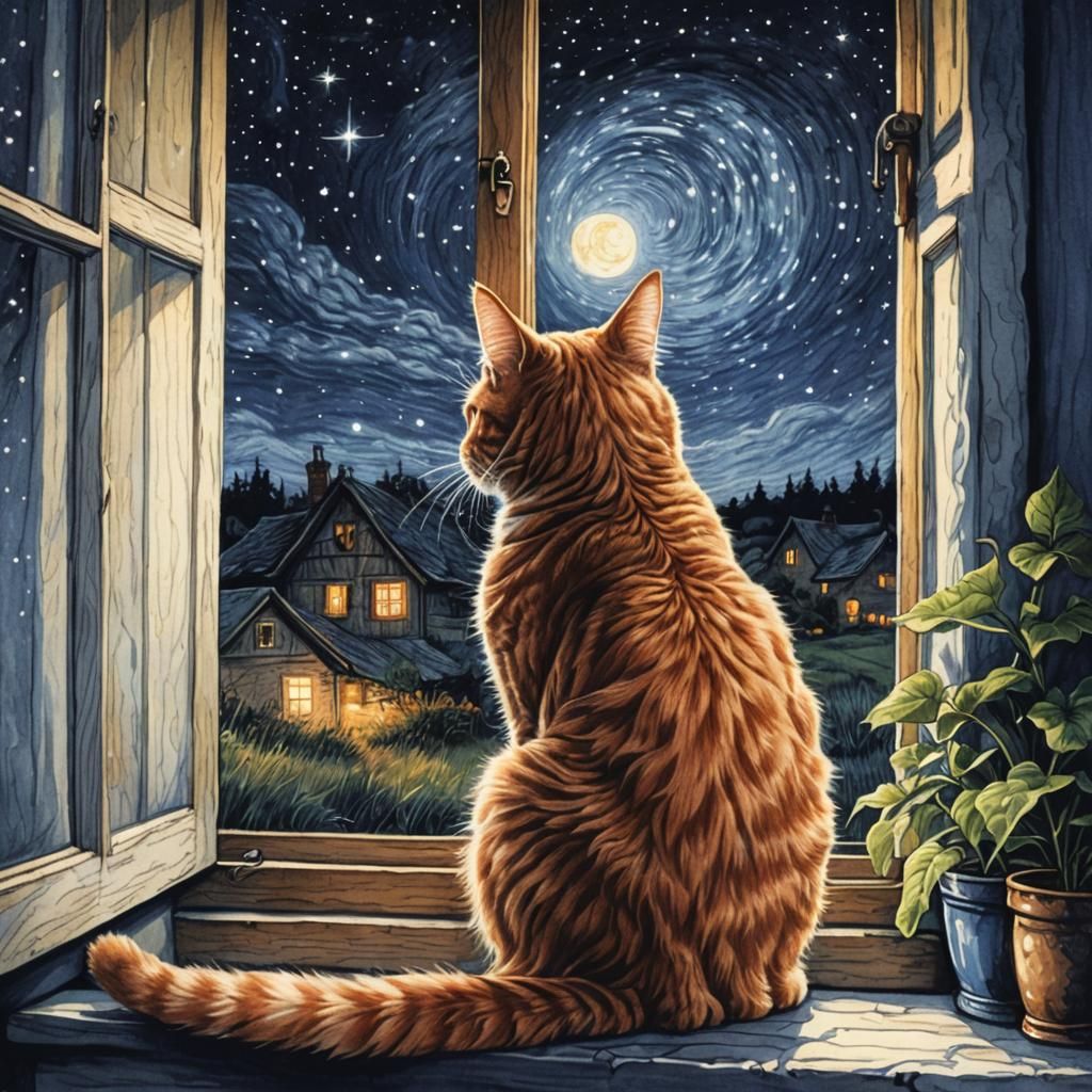 Ginger Cat Gazing at Starry Night, Ballpoint Pen