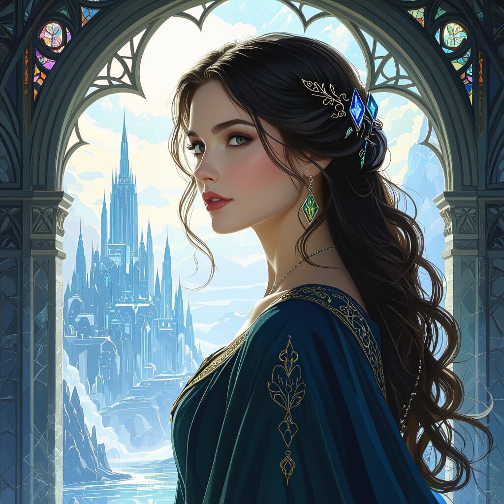 Beautiful Wizard Woman on Crystalline Bridge in Waterhouse S...