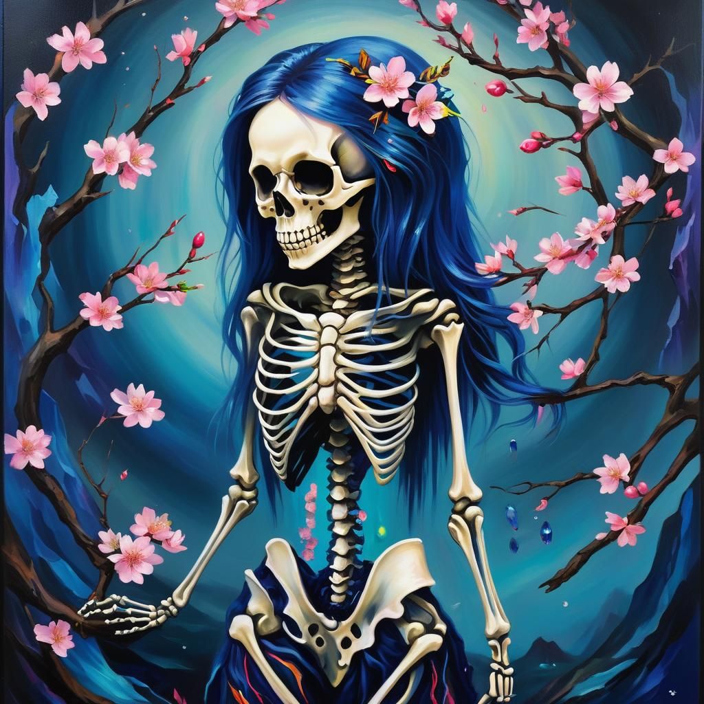 Eerie Mermaidpunk Skeleton with Raven and Blossoms