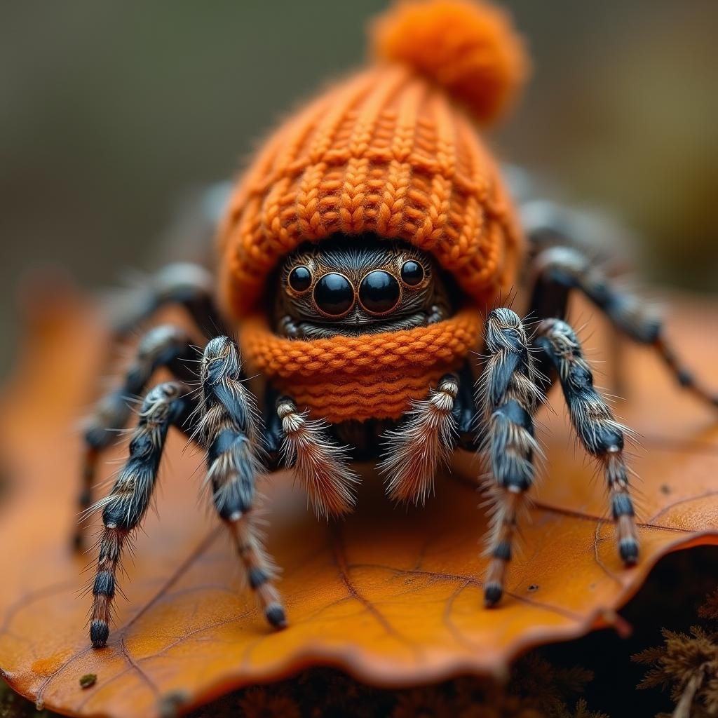 Jumping Spider in Cozy Knitwear on Autumn Leaf