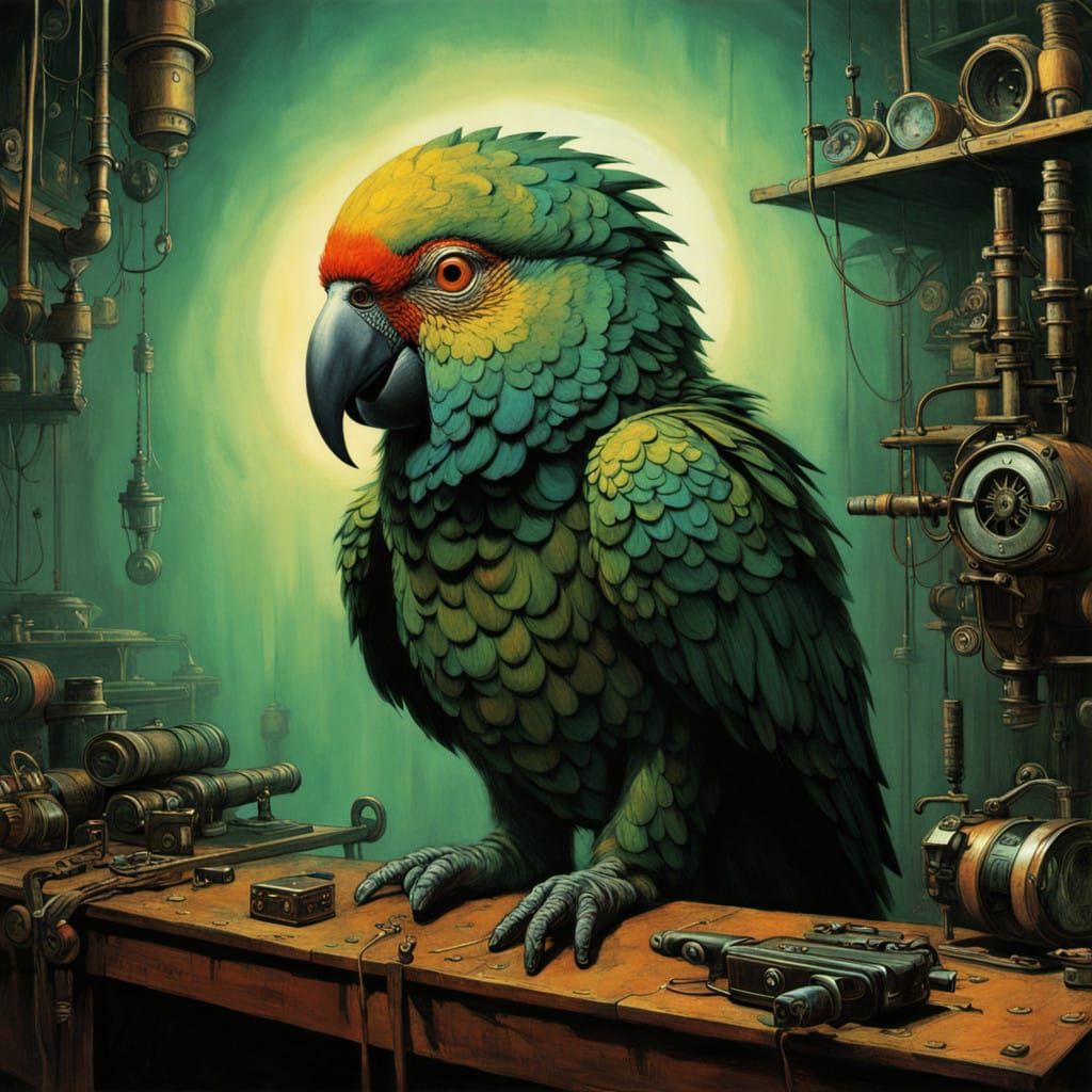 Steampunk Parrot Perched on Gearhead's Shoulder