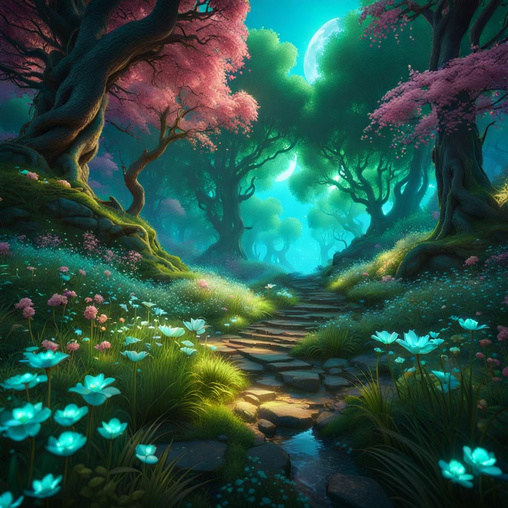 Magical Forest with Emerald Sky: Fantasy Concept Art